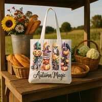 Autumn Magic Tote Bag with Pumpkins Wolf Owl Raven, Fall Witchy Canvas Book Bag, Cozy Halloween Mark
