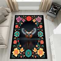 Colorful Owl Rug, Floral Border Carpet, Bohemian Bird Area Mat, Whimsical Owl and Flower Pattern Uni