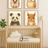 Hedgehog, Owl, Panda and Squirrel Nursery Wall Art Set | A4 A3 Baby Room Decor | Woodland & Fore