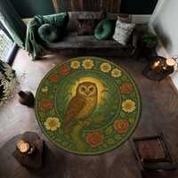 Owl Round Rug with Floral Border, Mystical Forest Animal Carpet, Bohemian Nature Inspired Area Rug f