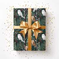 Christmas Owl Gift Wrap, Snowy Owl & Tawny Owl Wrapping Paper, Winter Forest, Birch Trees, Holly