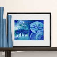 Blue Dawn: Original Acrylic Owl & Forest Painting | 29 x 20 cm | Whimsical Nature Art by Sandra 