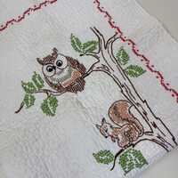 Vintage 1960s Embroidered Nursery Rhyme Animals Bunny Owl Deer Bird Skunk Child's Crib Blanket C