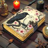 Raven Owl Grimoire Leather Journal – Witchcraft Book of Shadows with Lock | Deckle Paper Goth
