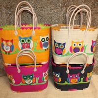 Panier brodé HIBOU CHOUETTE Multicolore - Sac courses Anses Longues - 3 TAILLES - Cabas March