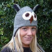 Fleece Lined Grey Owl Knitted Hat with Big Eyes and Big Ears!