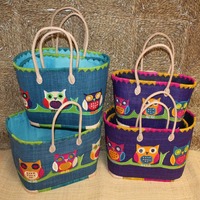 Panier brodé HIBOU CHOUETTE Bleu - Sac Anses Longues - 3 TAILLES - Cabas Marchés, cour
