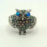 Unique Sterling Silver Black & White Opal Owl Ring  Size 6.75