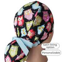Owl Print Ponytail Scrub Cap Satin Lined Personalized option Surgical Scrub Hat