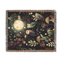 Moonlit Owls & Mushrooms Woven Blanket | Woodland Night Tapestry Throw, Celestial Cottagecore Fa