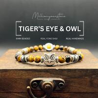 Tiger Eye & Hematite Owl Charm Bracelet: Handmade Unisex Jewelry, 6mm beaded