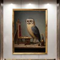 Whimsical Owl Artist – Vintage-style Animal Oil Painting with Glasses, Quirky Wall Art Print- 