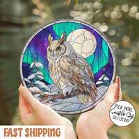 Snowy Owl Stained Glass Suncatcher, Winter Moon Night Window Hanging, Aurora Forest Glass Panel, Owl
