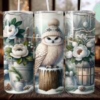Cottagecore Winter Owl Floral Christmas 9.3" x 8.2" 20 oz Skinny Tumbler Seamless Sublimat