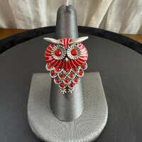 Vintage Adjustable Owl Ring &ndash; Red Enamel and Rhinestones, Silver Tone Animal Jewelry