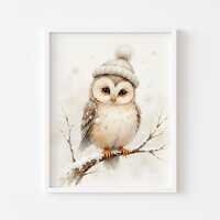 Winter Owl Art Print &ndash; Rustic Kids Room Decor (Digital Download)