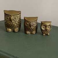 3 Vintage Brass Owl Figurines – Set of Mid Century Modern Owl Family Paperweights 1960s–