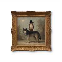 Whimsical Owl and Wolf Wall Art Print, Vintage-style Animal Panting, Surreal Woodland Poster for Cot