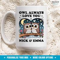 Cute Owl Mug, Personalised Gift For Couples, Custom Name Mug, Coffee Mug For Wife, Engagement Gift, 