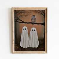 Whimsical Ghosts and Owl Autumn Wall Art: Halloween Spooky Cute Rustic Decor (Digital Download)