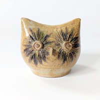 Vintage 1970s Stoneware Owl Figurine, Speckled Oat Glaze and Sgraffito, Artist Signed