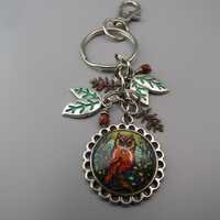 Owl Keychain: Patina Leaf & Branch Charms