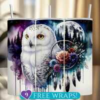 Mystical Snowy Owl Tumbler Wrap: Floral Dreamcatcher Full Moon Forest 20 Oz Skinny Tumbler (Sublimat