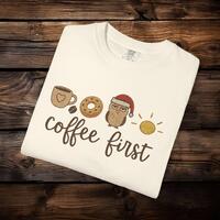 Coffee First T-Shirt: Donut Owl Santa Hat Faux Embroidery