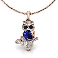 Art Deco Owl Pendant Necklace: Blue Sapphire, Moissanite, 925 Silver
