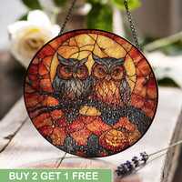 Owl Halloween Stained Glass, Autumn Owl Art Stained Glass, Halloween Decoration Stained Glass, Natur