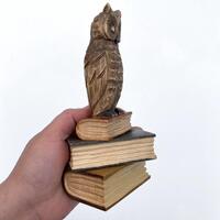Hand-Carved Wooden Owl on Books, Rustic Owl Figurine, Wooden Small Home Decor, Book Lover Gift, Natu