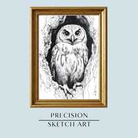 Owl in Tree Illustration | Black and White Woodland Bird Sketch | Rustic Wildlife Printable | Nature