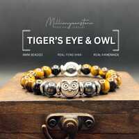 Tiger Eye & Hematite Beaded Bracelet: Silver Owl Charm, Feng Shui Jewelry, 8mm natural gemstone