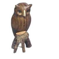 Vintage Hand Carved Wooden Owl Figure On Branch Decor Bird Statue  3"