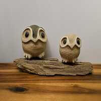 Vintage Hand Made Stoneware Pottery Owl Family Rustic Driftwood Rock Sculpture - Glazed Painted eyes