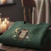 Owl Moon Sweatshirt Cozy Embroidered Pullover with Night Sky and Floral Details Nature Inspired Top