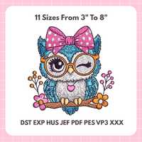 Owl Embroidery Design – Cute Glasses & Bow Digital File 11 Sizes