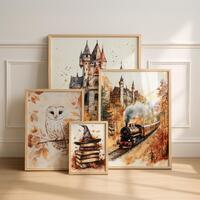 Wizard Posters Set of 4: Magic Castle Owl Train Cozy Prints (Digital Download)