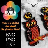 Owl Earrings SVG | Retro Halloween Jewelry Laser Cut File | Moon & Stars Owl Bird Dangle Earring