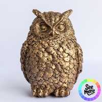 Antique Owl Statuette – Handpainted Tabletop Owl in Antique Gold, Pewter, Copper | Small Faux 