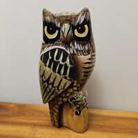 Hand Carved and Painted Owl on Wood Base - 6" Tall x 3" Wide - Artist Signed