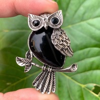Vintage Silver Owl Natural Stone Pendant, Multi Style Pendant Charm, 925 Sterling Silver Black Onyx 