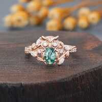Owl engagement ring Unique Oval cut Moss agate ring Rose gold Leaf ring Marquise diamond ring Bridal