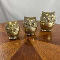 Vintage Brass Owl Figurines Set of 3 - Mid Century Modern Home Decor - Graduated Size Golden Owls - 