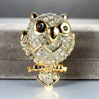 Gold Pave Clear Rhinestone Owl Brooch Pin