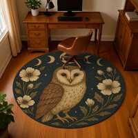 Owl Round Rug: Barn Owl Moon Phases, Night Wildflowers