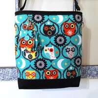 Owl cross body purse, modern fabric zippered crossbody bag
