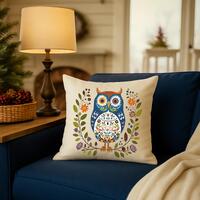Scandinavian Folk Art Owl Pillow - Nordic Design Cushion, Rustic Boho Decor, Hygge Style Throw Pillo