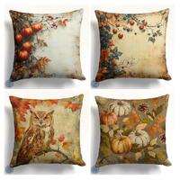 Autumn Fall Print Pillow Cover Set, Owl and Pumpkin Decor Cushion, Seasonal Woodland Pattern Print,