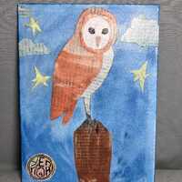Original Collage Art on Aluminum Panel Barn Owl 6x8